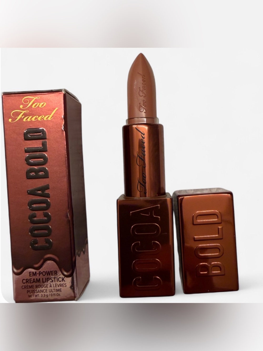 Too Faced Cocoa Bold Empower Cream Lipstick in the shade hot chocolate
